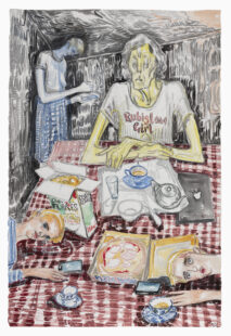 Painting of three women sitting at a table with takeaway pizza boxes, cups of tea, corn flakes, an apple laptop and phones on the table. One figure is in the background.