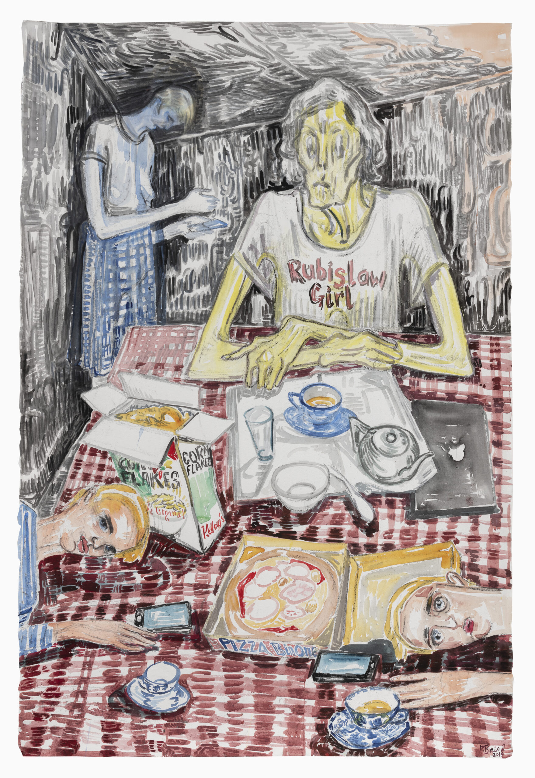 Painting of three women sitting at a table with takeaway pizza boxes, cups of tea, corn flakes, an apple laptop and phones on the table. One figure is in the background.
