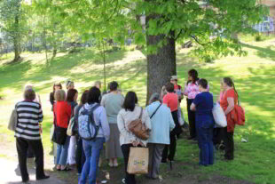 Women gather around the suffragette oak in Kelvingrove Park