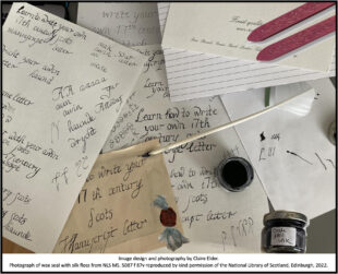 Photograph of letters in a pile, a pot of ink and a quill rests on top of them
