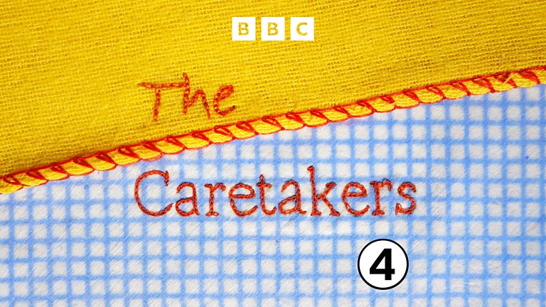 Hand stitched words, The Caretakers, on wash cloth fabric with BBC logo