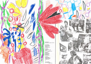 Illustration featuring a spread from Sappho Volume 8, Issue 10. It has colourful doodles and cut outs of black and white photographs of women