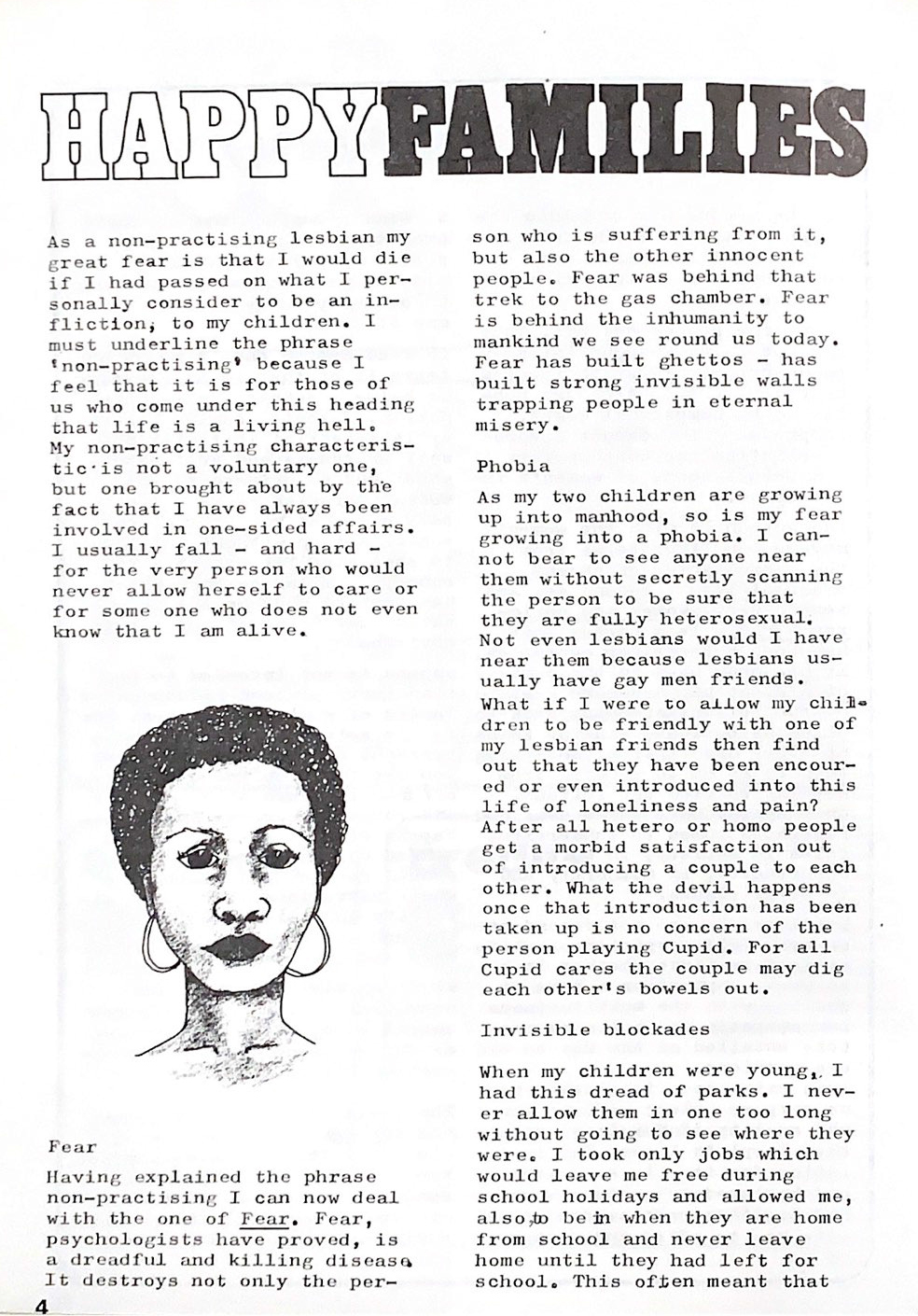 Bella Ashbey, Happy Families column, Sappho, Volume 1 Issue 7 (1974) - extract from an article in which the author tlks about her fears around being a lesbian and a parent in (it is implied) a homophobic world