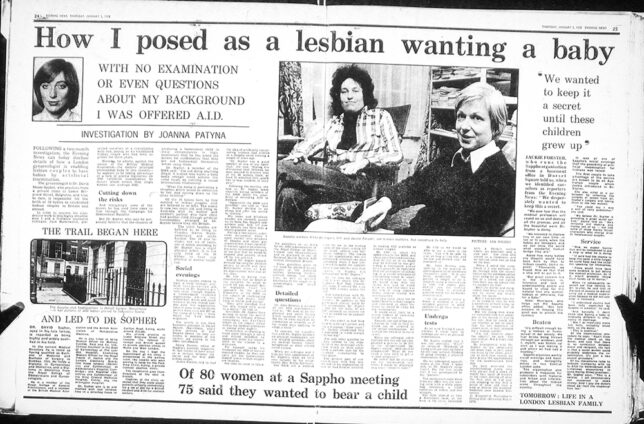 Newspaper article from London Evening News, 5th January, 1978, with the headline 'How I posed as a lesbian wanting a baby'