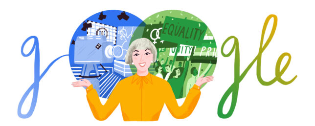 Google Doodle of Jackie Forster, a stylised, brightly coloured illustration referencing her work in broadcasting and her LGBT rights activism