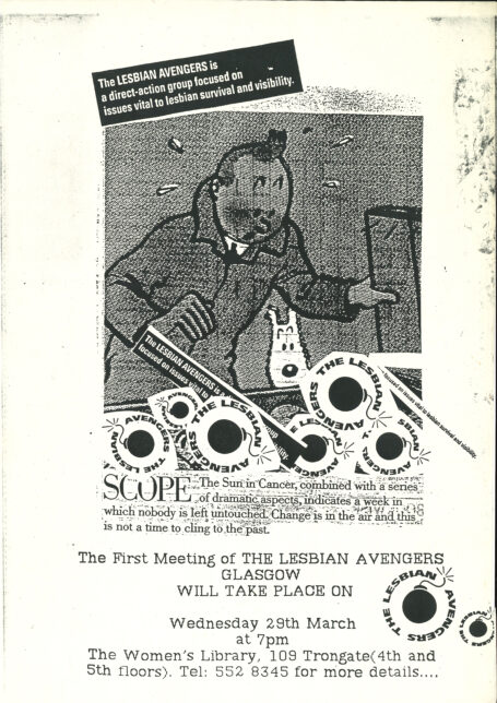 A black and white flyer showing Tin Tin opening a chest that is full of Lesbian Avengers logos. Main text reads 'The first meeting of the Lesbian Avengers Glasgow will take place on Wednesday 29th March at 7pm.