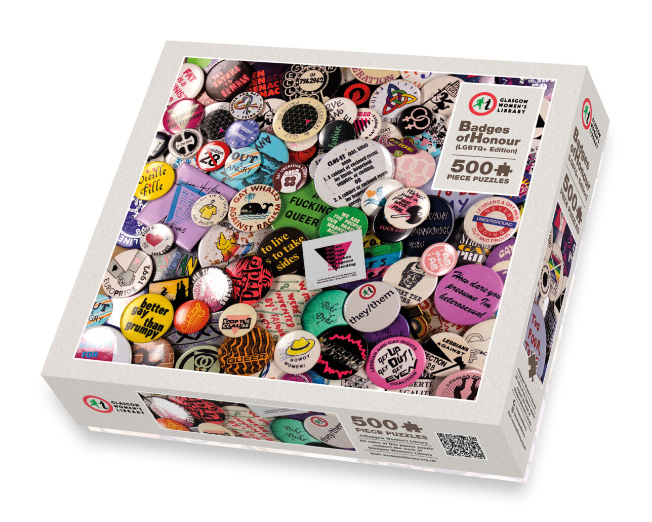 Illustration of the Badges of Honour Jigsaw (LGBTQ+ Edition) box, with an inset photo of many brightly coloured LGBTQ+ slogans