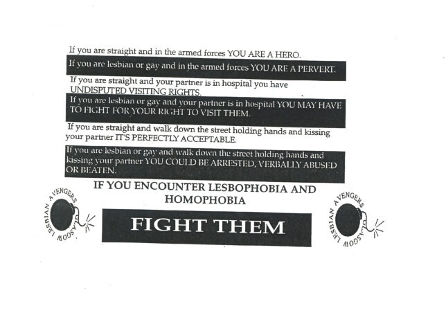 Graphic black and white text detailing instances of Lesbophobia and Homophobia.