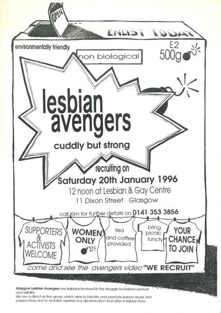 A black and white photocopied flyer featuring an illustration of a box of washing powder, advertising for an upcoming open meeting for the Lesbian Avengers.