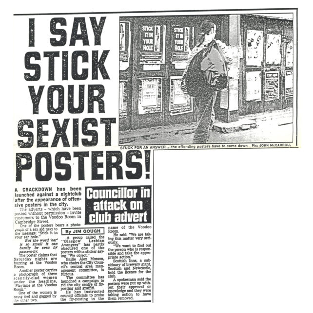 A scan of a newspaper article, the headline reads 'I say stick your sexist posters!'.