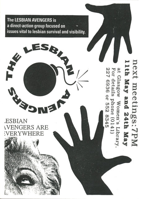 A black and white cut and paste photocopied flyer, It features the Lesbian Avengers bomb logo, silhouetted hands and a close up of woman's face cropped to lower corner.