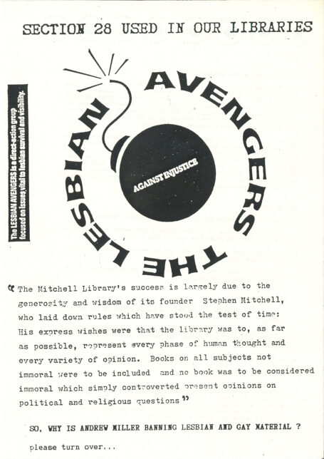 A black and white photocopied flyer. The Lesbian Avengers logo is in the centre, text at the top reads 'SECTION 28 USED IN OUR LIBRARIES'. There is a long quote about the founding principles of the Mitchell Library below.