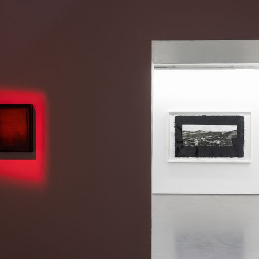 Exhibition view showing a red framed hologram letter, in the room behind there is a view to a large black and white print of a barren landscape