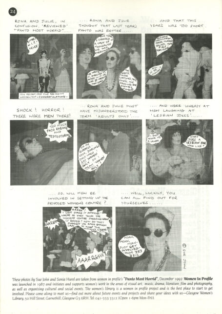 A scan of a comic strip style page from Harpies and Quines. It shows a series of photos from the GWL Lesbian Panto with speech bubbles applied on top.