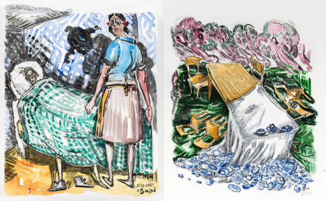 Two water colour images Left depicts a woman standing over a small figure in bed, right depicts a trashed table 