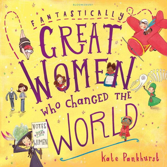 A brightly coloured book, with cartoon images of women figures throughtout history taking part in various activities