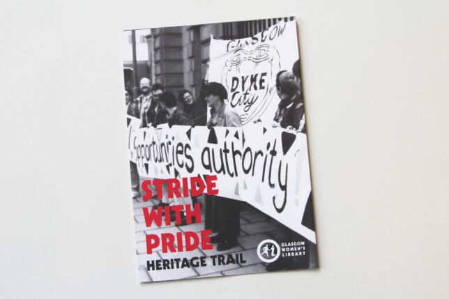 Image shows a flyer with a black and white image of a protest on the cover. The title in red reads 'Stride with Pride Heritage Trail'.
