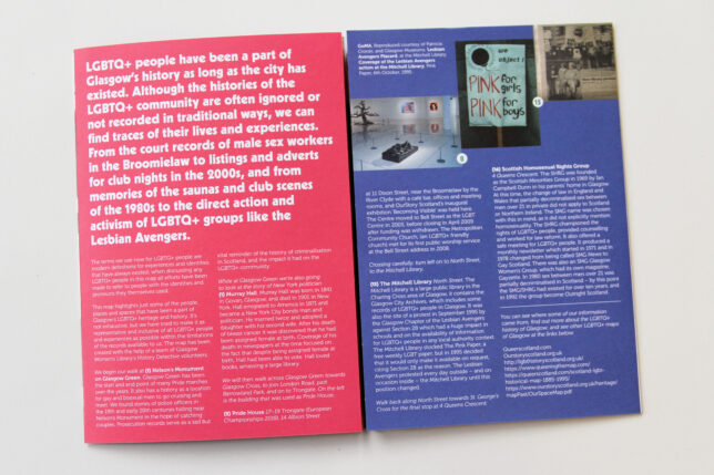 Interior of the Stride with Pride leaflet, brightly coloured pages introducing Glasgow's LGBTQ+ heritage.