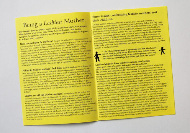 Photo of a spread from the Lesbian Mothers handbook, featuring black text on yellow paper with headings including 'Some issues confronting lesbian mothers and their children'.