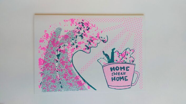 A dark green and neon pink wave lifts a little character into a pink tea cup with the words “Home Sweet Home” written on it. There are pink sunshine rays coming from the top left corner.