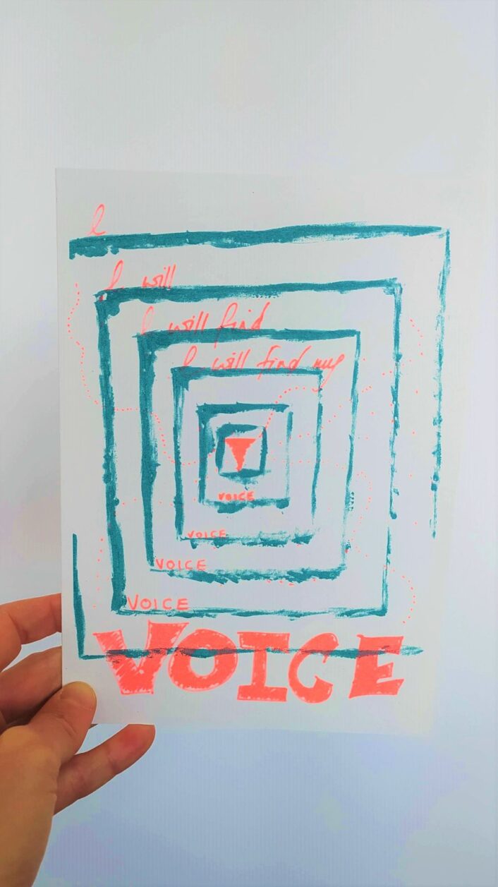 The background is a series of dark green squares. The word Voice is written in bold in bright orange at the bottom. More subtle writing reads "I will, I Will Find, I Will Find My, I Will Find My Voice".