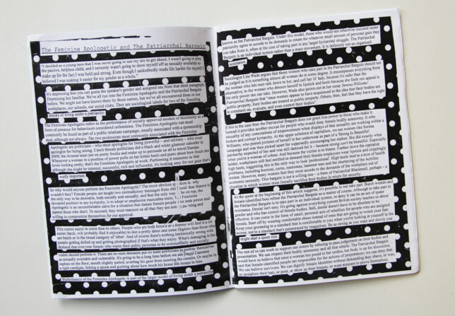 An image of some of the inner pages of xyz. It is anh article about the 'feminine apologetic' and is presented in a cu and paste styly on a polka dot background.