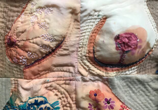 A photograph of a patchwork textile, each patch depicts a breast.