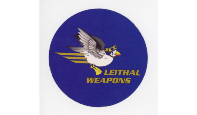 Round sticker with blue background: Leithal Weapons of Auld Reekie Roller Derby.