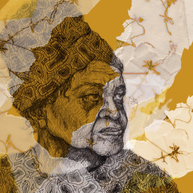 A portrait of Miriam Tlali on a yellow background, with a collage of ripped white paper illustrated with barbed wire layered on top transparently.