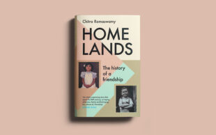 view of the cover to Chitra Ramaswamy's book Homelands: The History of a Friendship. Cover includes one black and white photo of Henry Wuga as a teenager and a colour photo of Chitra as a young girl. 