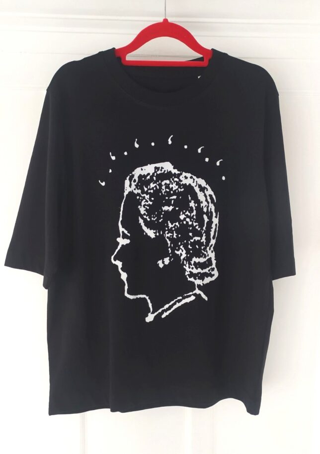 Black T-Shirt with the Women in Profile logo of a women's head in profile with a halo of sparks in white