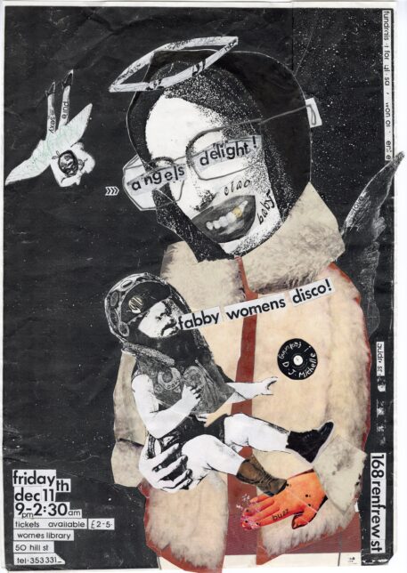 The poster has been made through collage and portrays a woman with a halo holding a baby. There is a cherub falling in the background. The contrasting pieces making up the scene give the religious imagery a distinct sense of irony. Small text in the image indicates the event will be played by DJ Michelle.