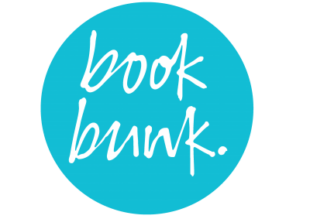 A turquoise circle with book bunk in the middle written in white joined up writing 