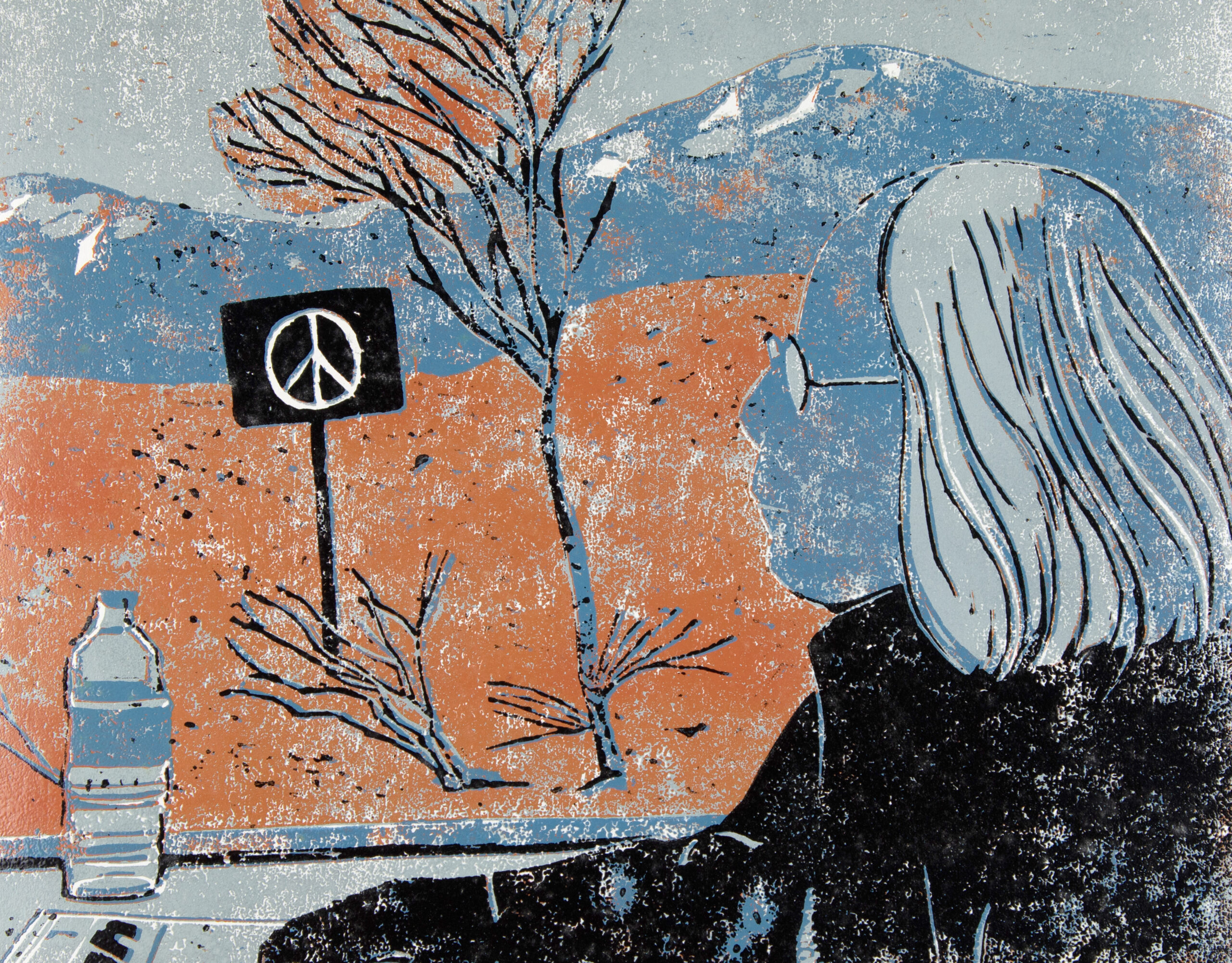 A print in blue and orange colours of a person sitting at a train window, you can see their face in profile. They have a bottle of water in front of them and out of the window behind them are trees and mountains and jsut behind the tree is a peace sign on a placard.