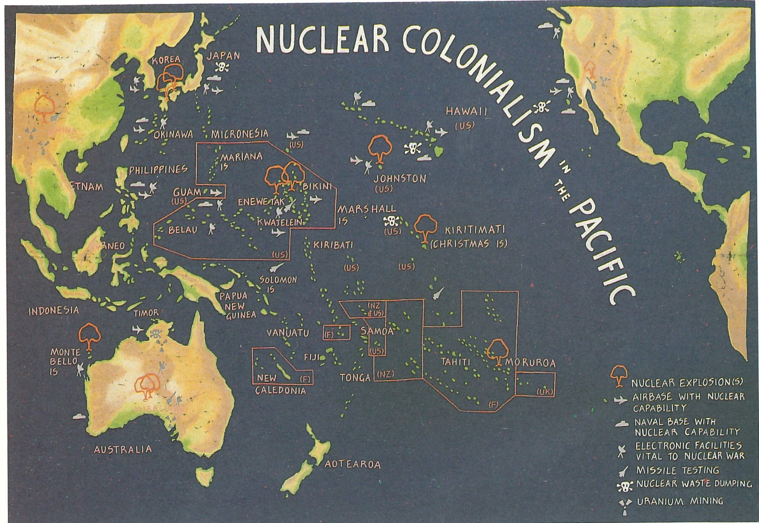 A map shows the pacific ocean with areas marked on and illsutrated with drawings of aeroplanes, clouds and red lines.