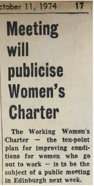 newspaper article headlined ‘Meeting will publicise Women’s Charter’ and introduction writing that the charter will be the subject of ‘a public meeting in Edinburgh next week’