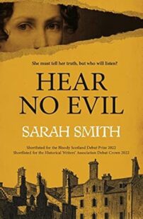Book cover: mustard yellow background, with a black and white drawing or lithograph of 19th century Glasgow building rooftops, and a glimpse of woman's portrait.