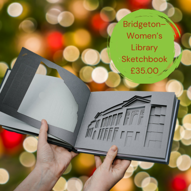 two hands are shown holding open the sketchbook. To the right is a green circle with red text which reads Bridgeton - Women's Library Sketchbook. $35