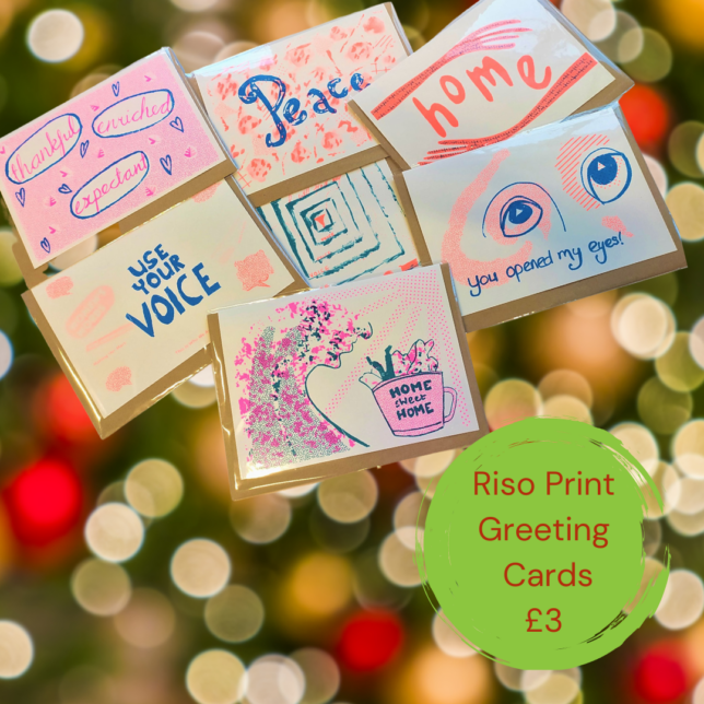 seven brightly coloured greetings cards. To the right is a green circle with red text which reads Riso Print Greeting Cards £3