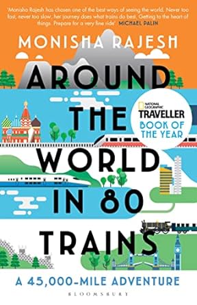 Colourful cover depicting in drawings different types of trains and landscapes: mountains, sea, skyscapers etc,