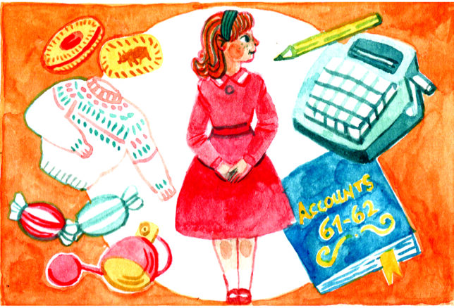 Hand drawn illustration by Candice Purwin of a young girl called Valerie and various objects relevant to her job at Woolworths.