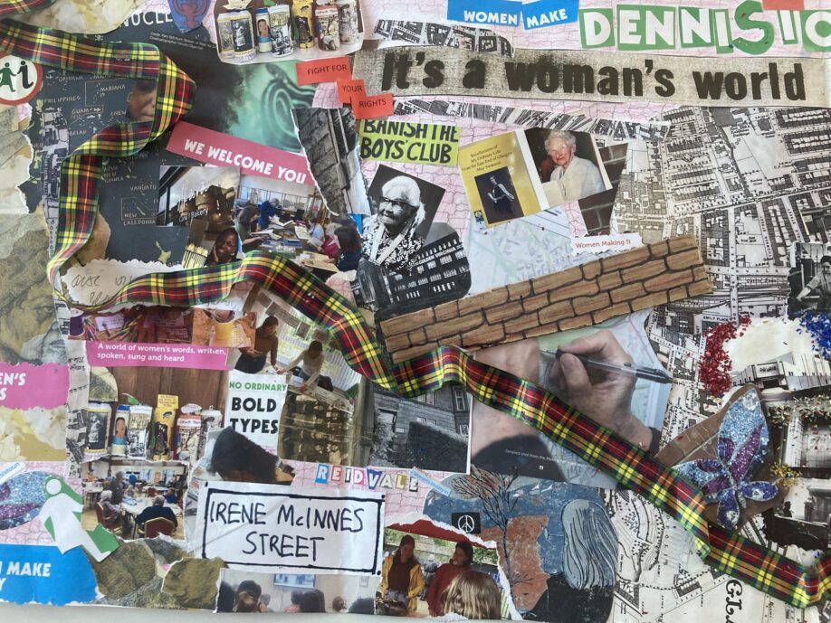 Collage made from different scraps of paper, images and words relating to women's history in Dennistoun, with a tartan ribbon laid across it