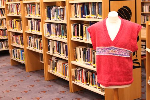 A pink sleeveless jumper in the main library. It has a band of multicoloured venus symbols around the middle.