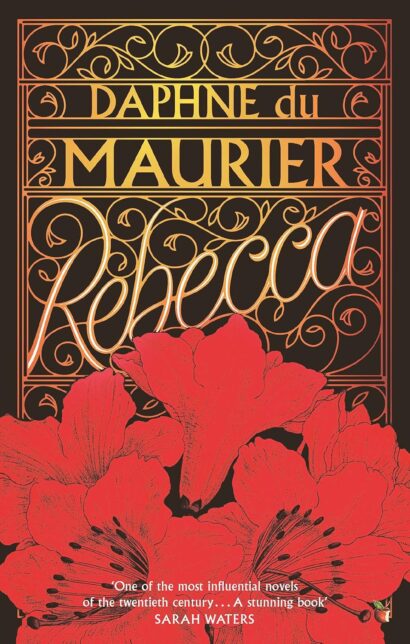 Book cover with red flowers on a black background. Text reads 'Daphne du Maurier''Rebecca'