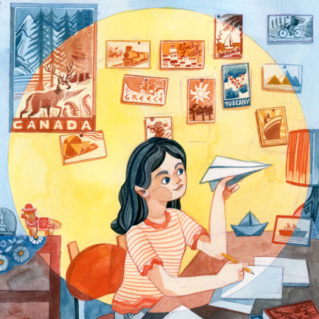 An illustration of a teenage girl sitting at a desk in her bedroom, holding a paper plane and looking wistful.