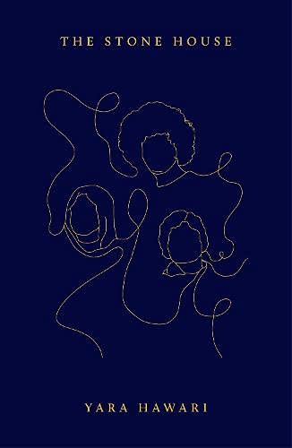 Blue book cover with a continuous line drawing connecting the outlines of three heads. Text reads 'The Stone House''Yara Hawari'