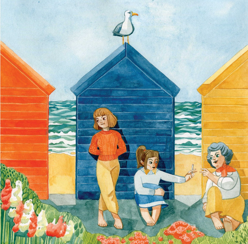 Image of an illustration by Candice Purwin showing three women sitting and standing with a beach in the background.