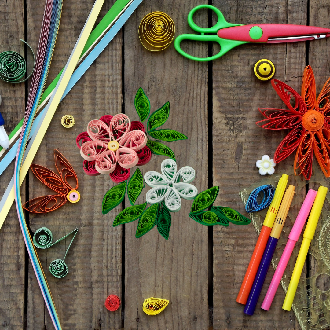 Collage of different art materials and equipment needed for quilling