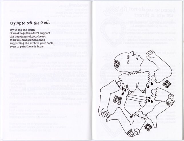 One of the pages with a poem on one side and an illustration of an abstract broken body on the other.