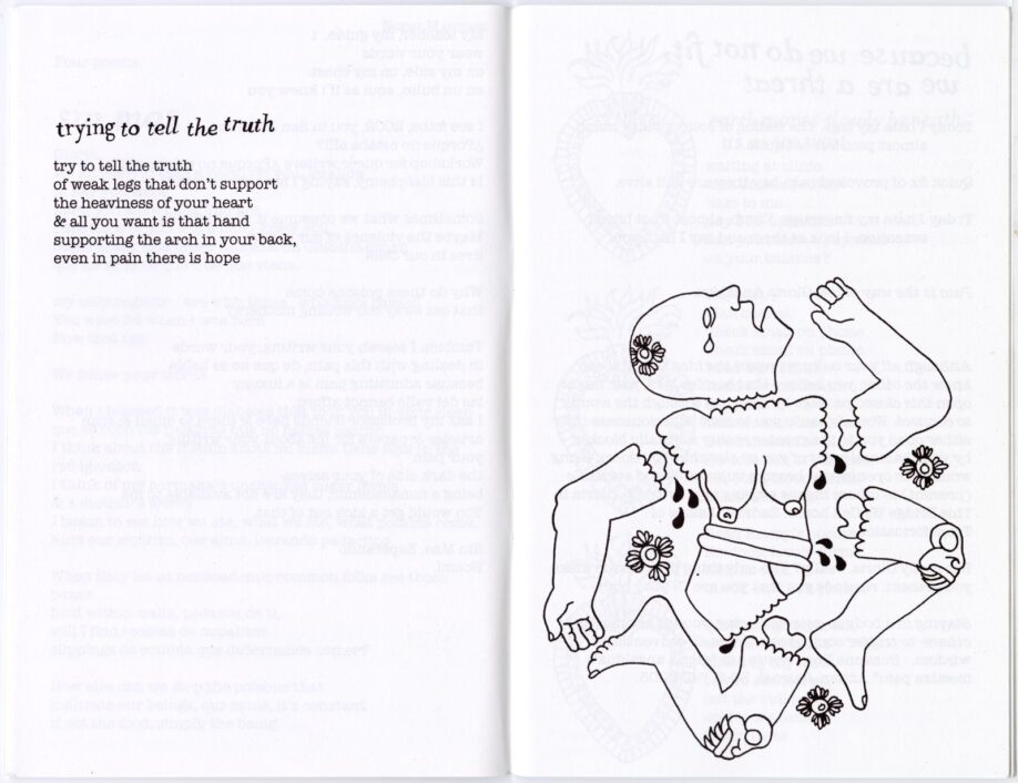 One of the zine pages with a poem on one side and an illustration of an abstract broken body on the other.